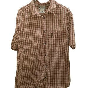 Men Button Down Shirt Columbia XXL 2XL Red Brown Short Sleeve Plaid Pocket Basic